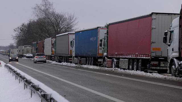 FILE PHOTO: Trucks stuck in queue border at crossing with Ukraine, as Polish truckers protest