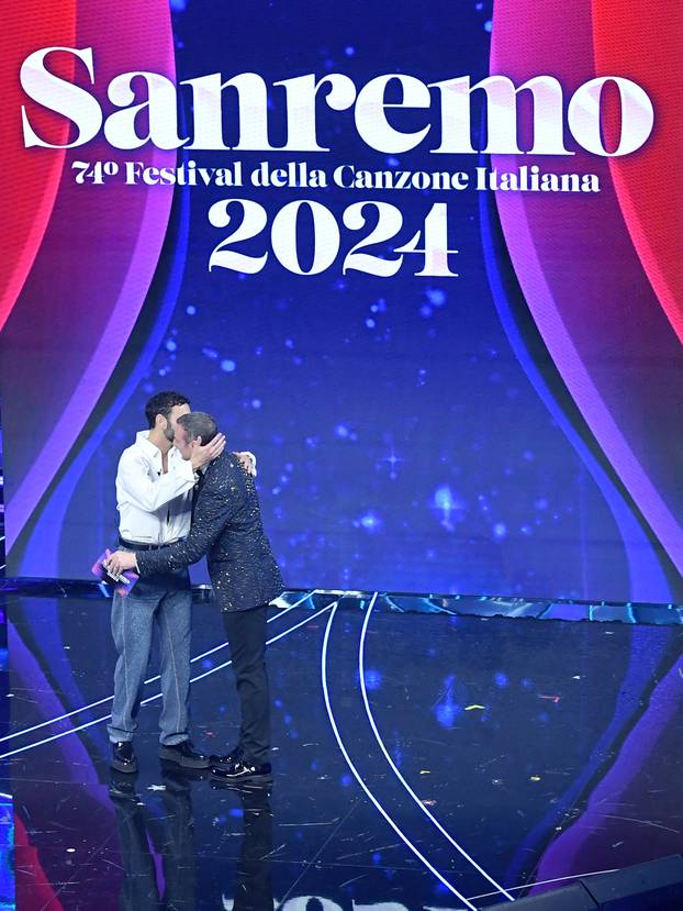 Sanremo, 74th Italian Song Festival, First Evening. Marco Mengoni and the guests on stage