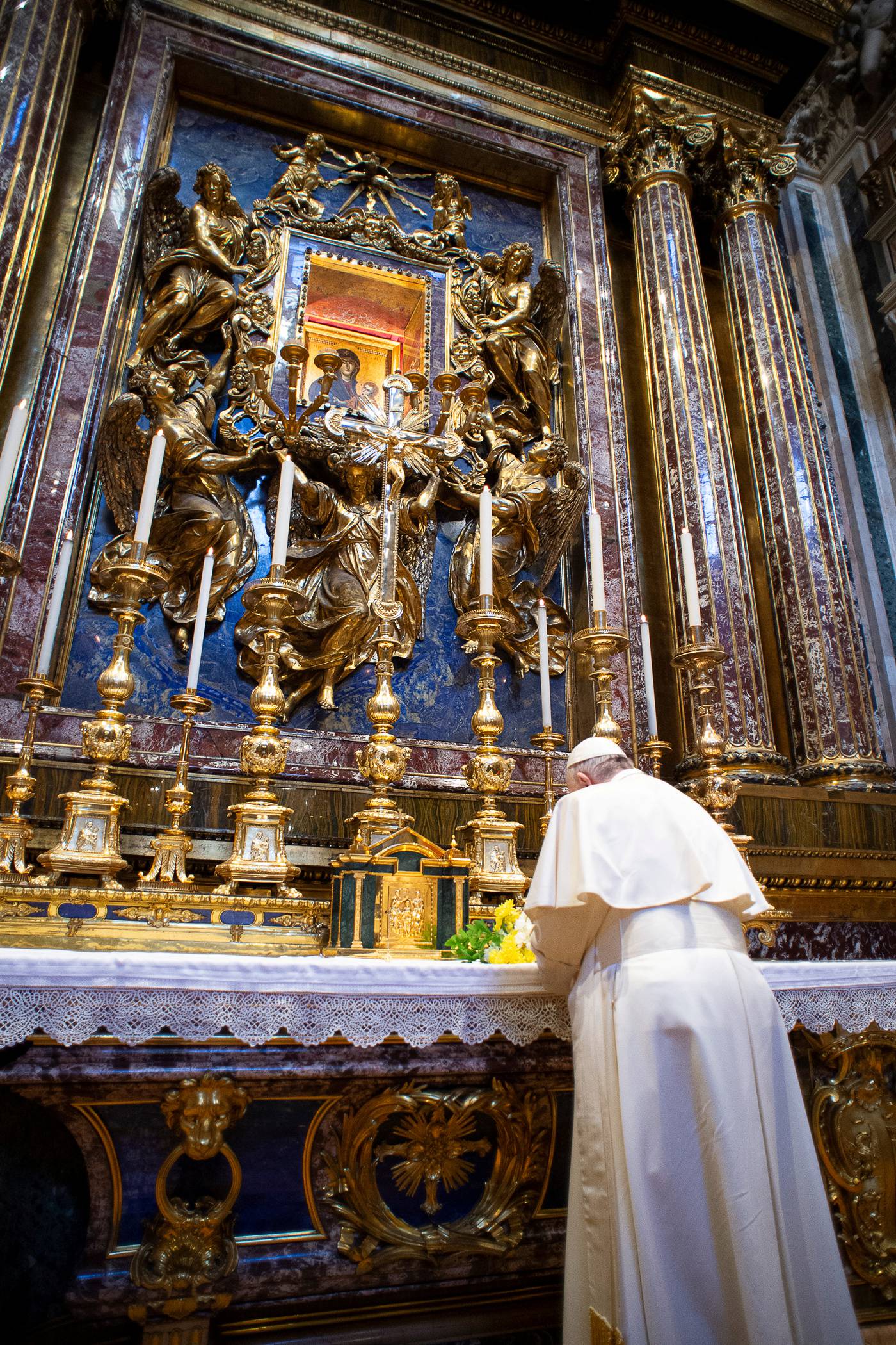 Pope Francis prays at the Santa Maria Maggiore basilica for the end of the coronavirus pandemic, in Rome