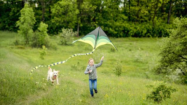 Smiling little girl playing with kite