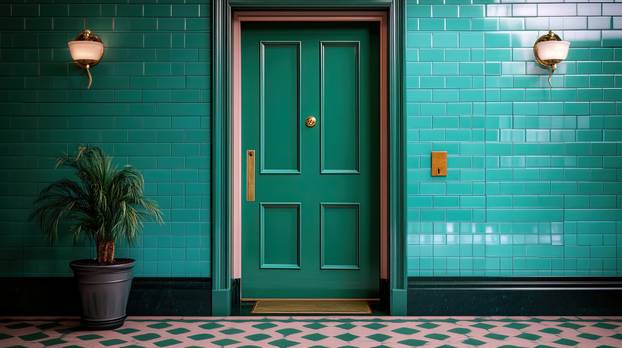 Vibrant Green Door Against Glossy Wall in Modern Interior Design