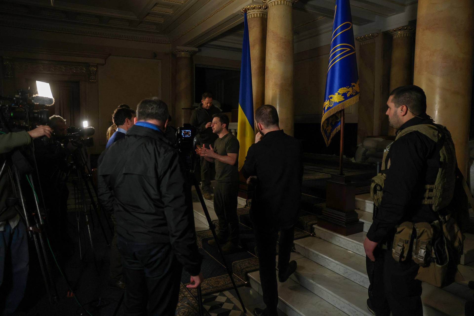 Ukrainian President Volodymyr Zelenskiy talks during an interview with Reuters in Kyiv