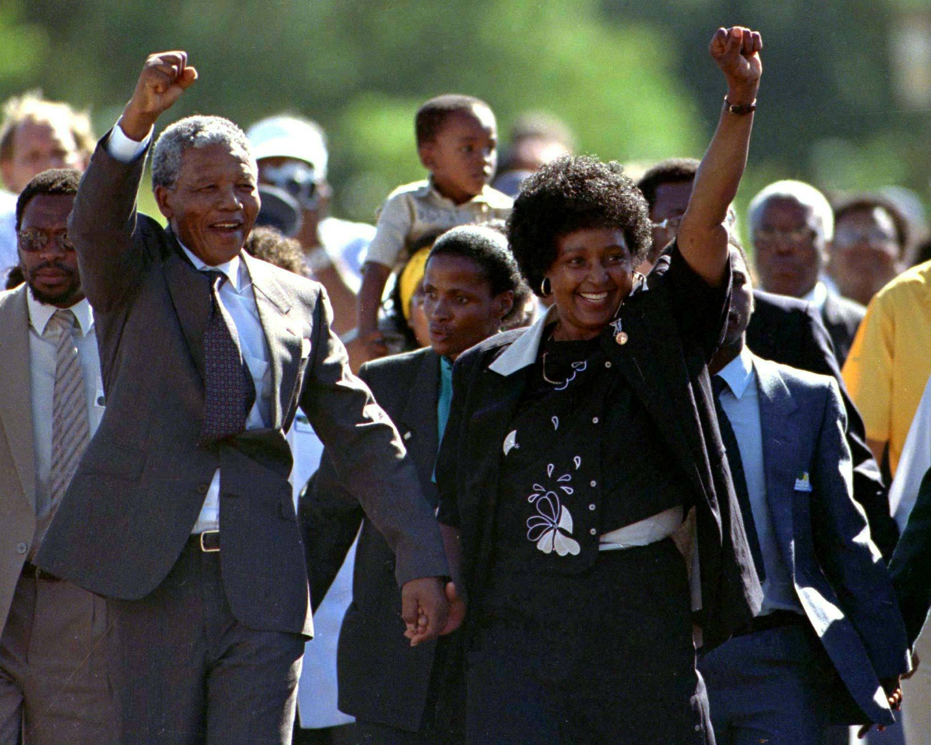 FILE PHOTO: President Nelson Mandela is accompanied by his then wife Winnie, moments after his release from prison near Paarl
