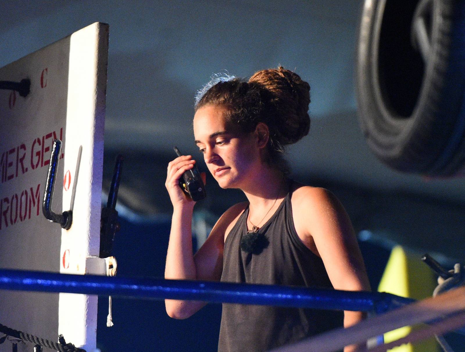 Carola Rackete, the 31-year-old Sea-Watch 3 captain, is seen onboard the ship as it docks in Lampedusa