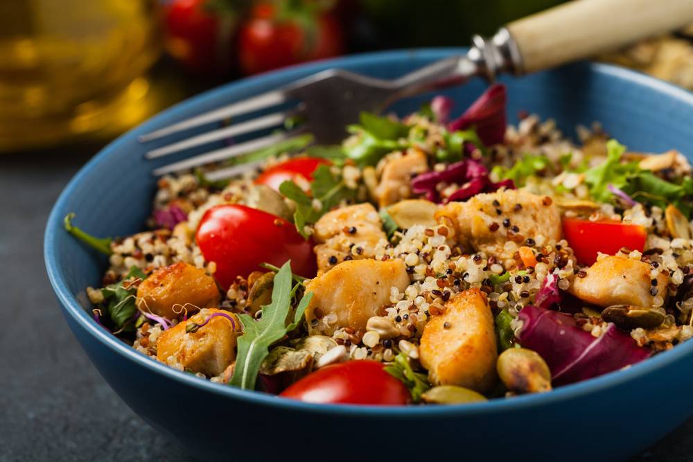 Salad,With,Quinoa,,Avocado,And,Chicken.,Front,View.,Served,In