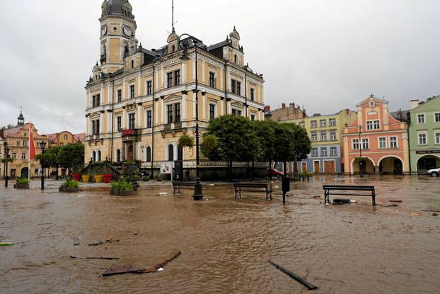 River Biala Ladecka floods Ladek-Zdroj, Klodzko