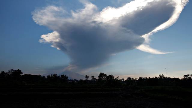 A view of Mount Merapi following an eruption as seen from Donoharjo village, near Yogyakarta