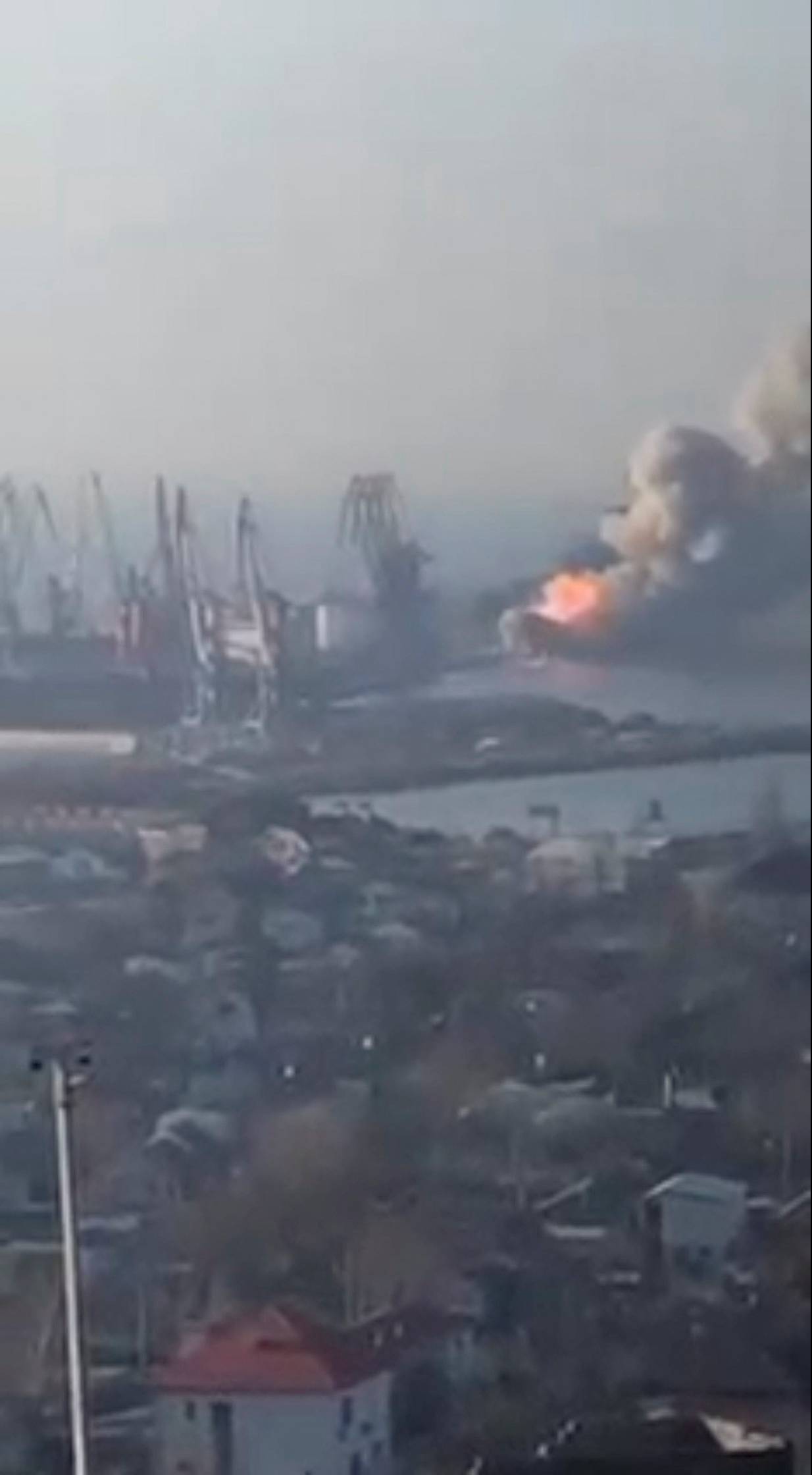 A general view shows the large landing ship "Orsk" of the Russian Navy's Black Sea Fleet as it is destroyed, according to the Ukrainian Navy, in the Russian-occupied port of Berdiansk