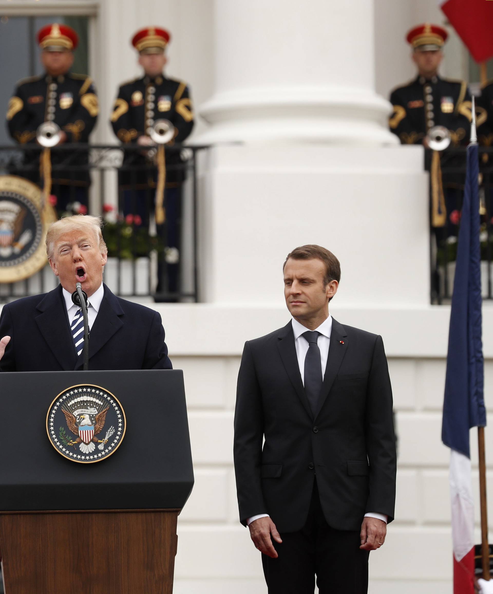U.S. President Trump welcomes French President Macron during arrival ceremony at the White House in Washington