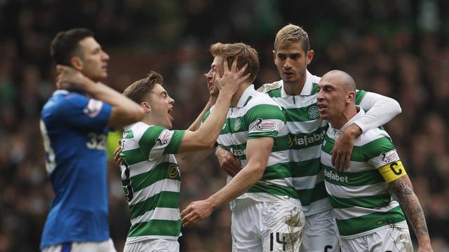 Celtic's Stuart Armstrong celebrates scoring their first goal with Scott Brown, James Forrest and Nir Bitton