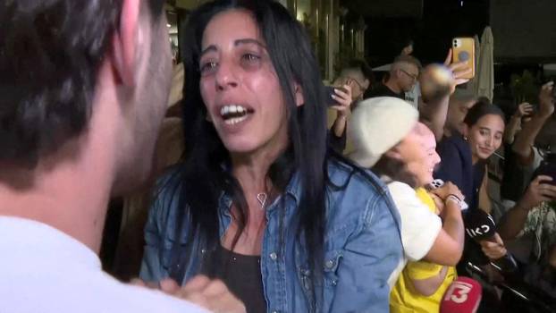 Einav Zangauker, the mother of hostage Matan Zangauker, reacts to news that Israel and Hamas have agreed on Wednesday to the first phase of U.S. President Donald Trump's plan for Gaza, at Hostages Square in Tel Aviv