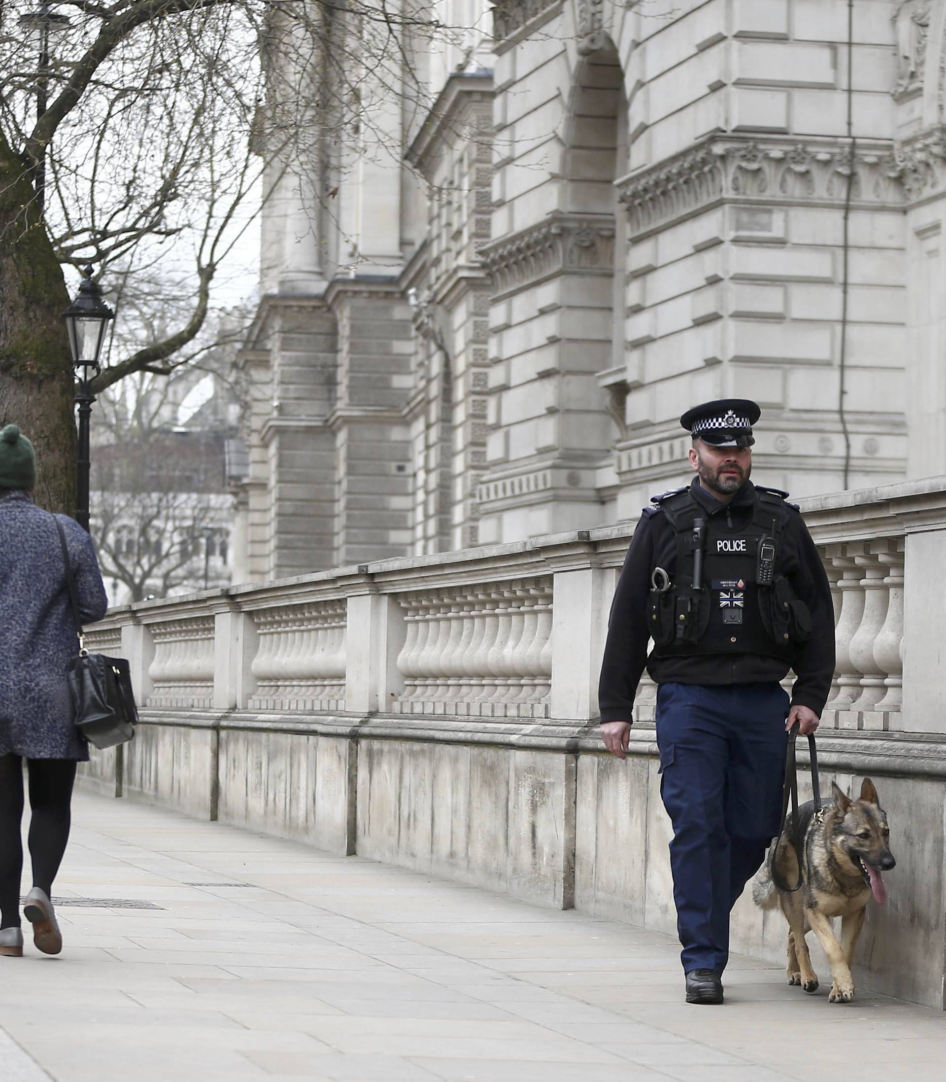 A police officer patrols Whitehall with a dog the morning after an attack in London