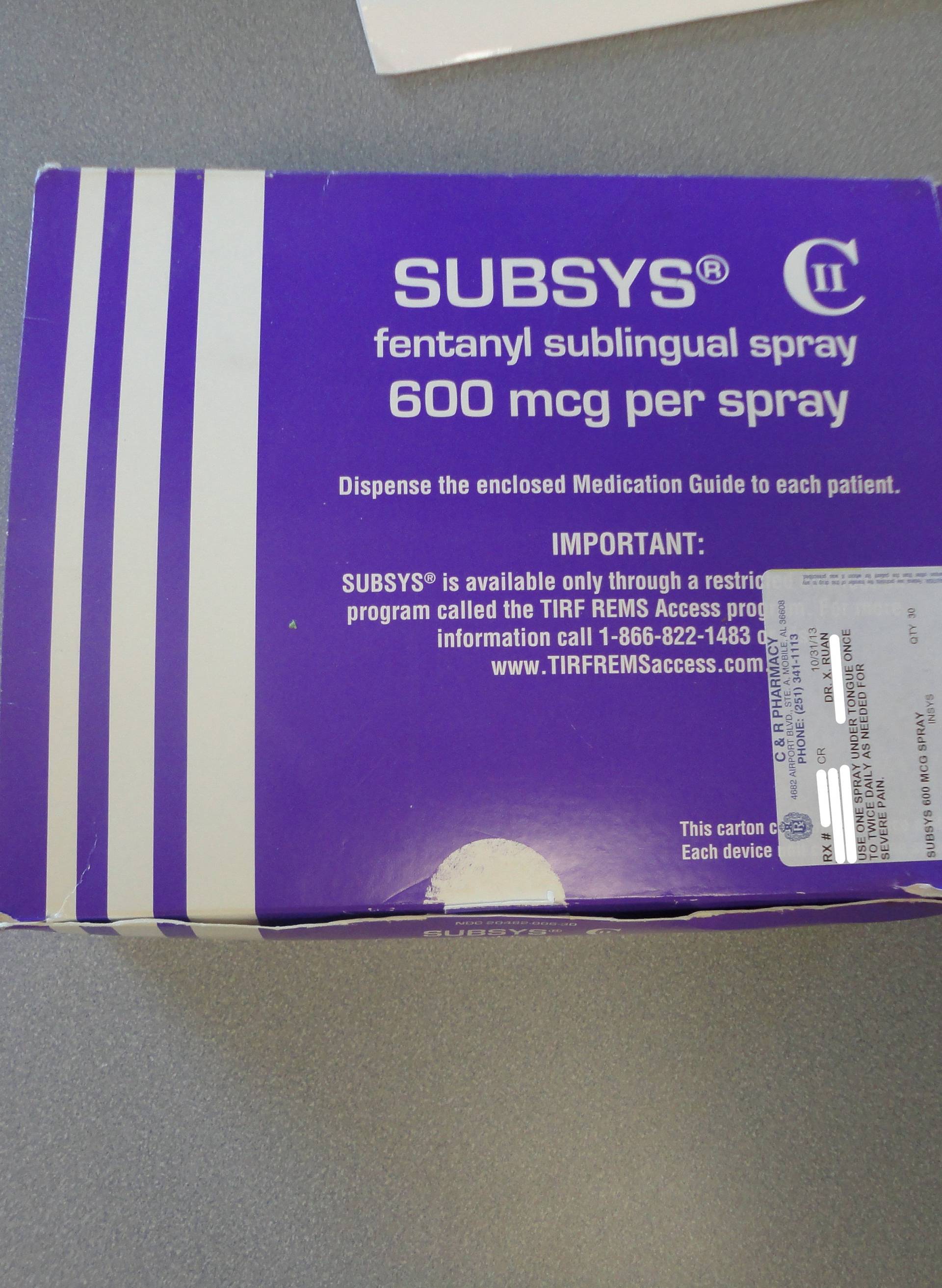 A box of the Fentanyl-based drug Subsys, made by Insys Therapeutics Inc, is seen in an undated photograph provided by the U.S. Attorney's Office for the Southern District of Alabama