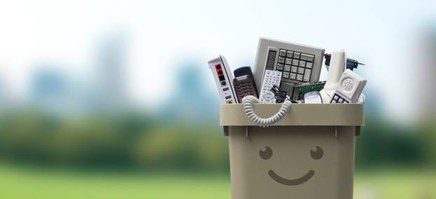 Recycling,Bin,Full,Of,Electronic,Waste,,Smiling,Cute,Character