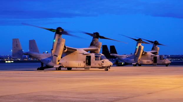 FILE PHOTO:    Two U.S. Marines MV-22 Osprey Aircraft sit on the apron of Sydney International Airport in Australia