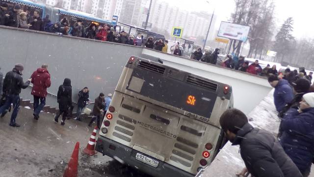 A view shows the scene of an incident involving a passenger bus, which swerved off course and drove into a busy pedestrian underpass, in Moscow