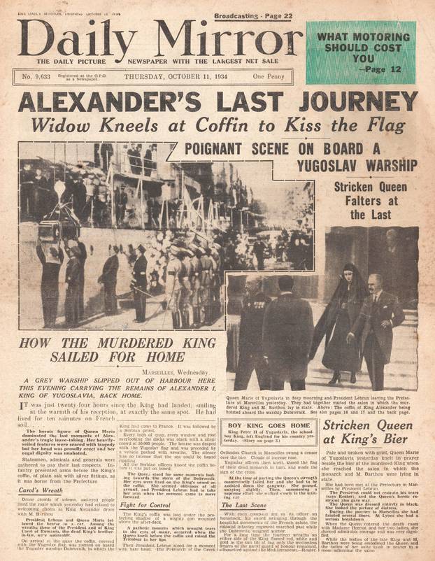 1934 Daily Mirror front page Assassination of King Alexander of Yugoslavia and French foreign minister Jean Louis Barthou