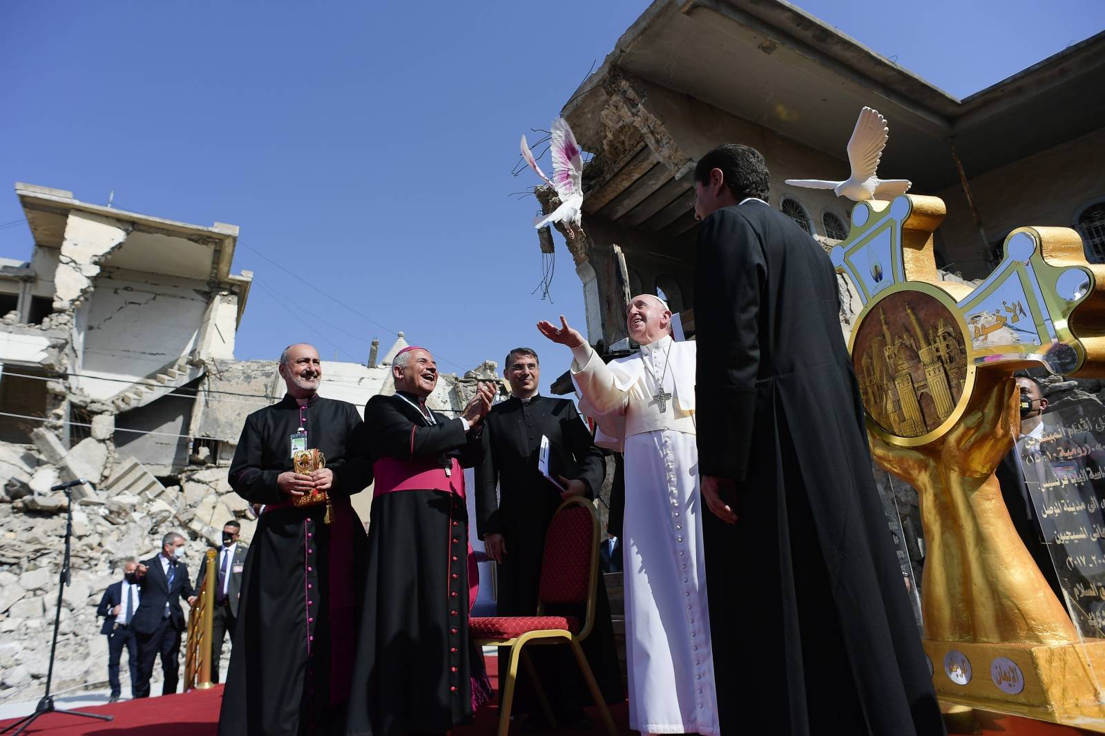 Pope Francis makes a speech at Church square of Hosh al-Bieaa in Mosul Iraq