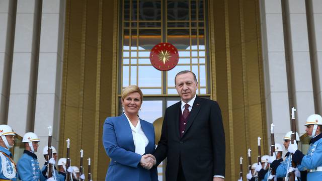 Turkish President Tayyip Erdogan meets with Croatian President Kolinda Grabar-Kitarovic at the Presidential Palace in Ankara