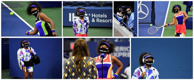 A combination picture shows tennis player Naomi Osaka of Japan wearing protective face masks to honor Breonna Taylor, Trayvon Martin, George Floyd, Philando Castile, Elijah McClain, Ahmaud Arbery and Tamir Rice during the 2020 U.S. Open tennis tournament