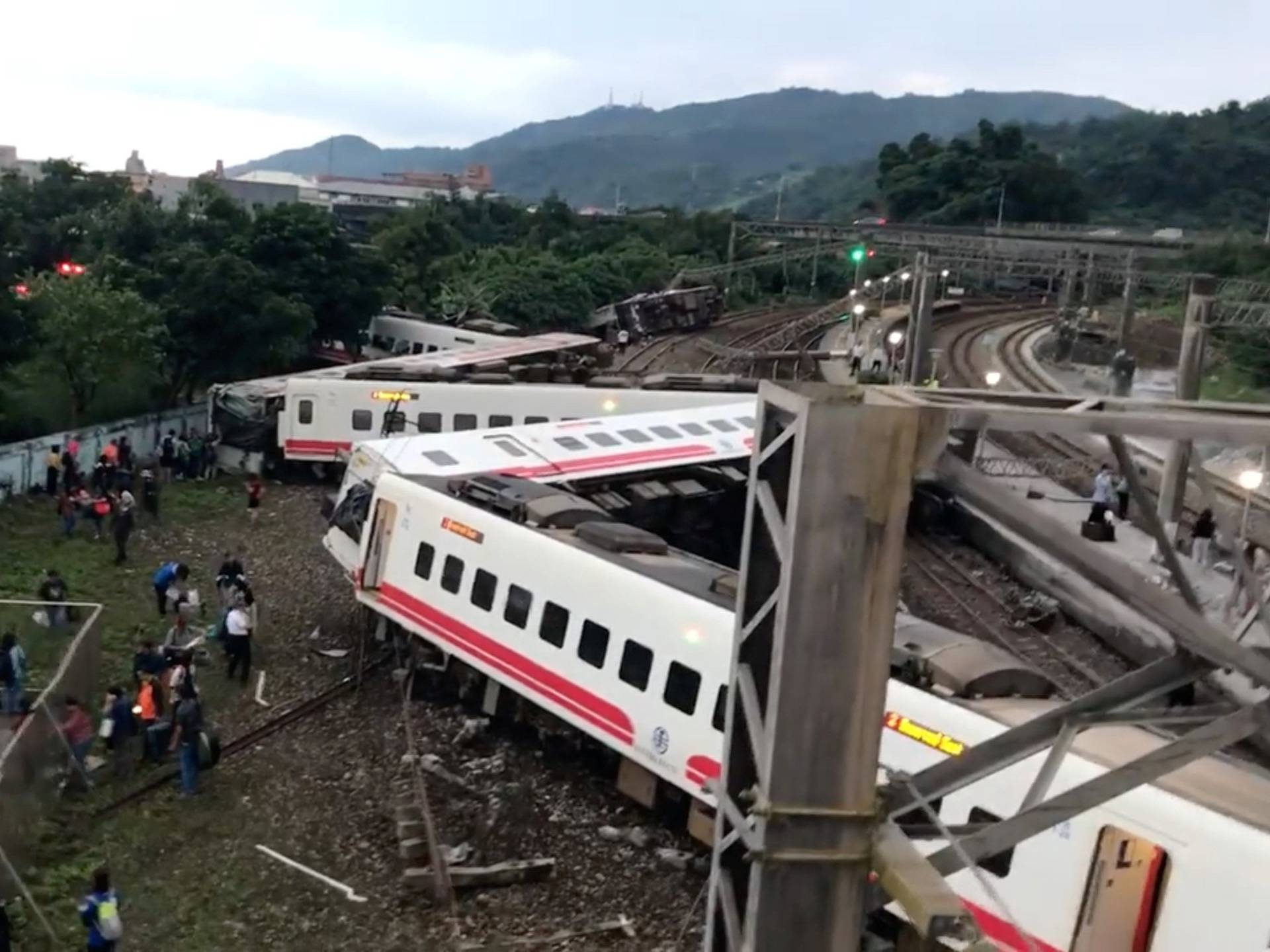 The wreckage of a train which had overturned is pictured during a rescue operation in Yilan County, Taiwan