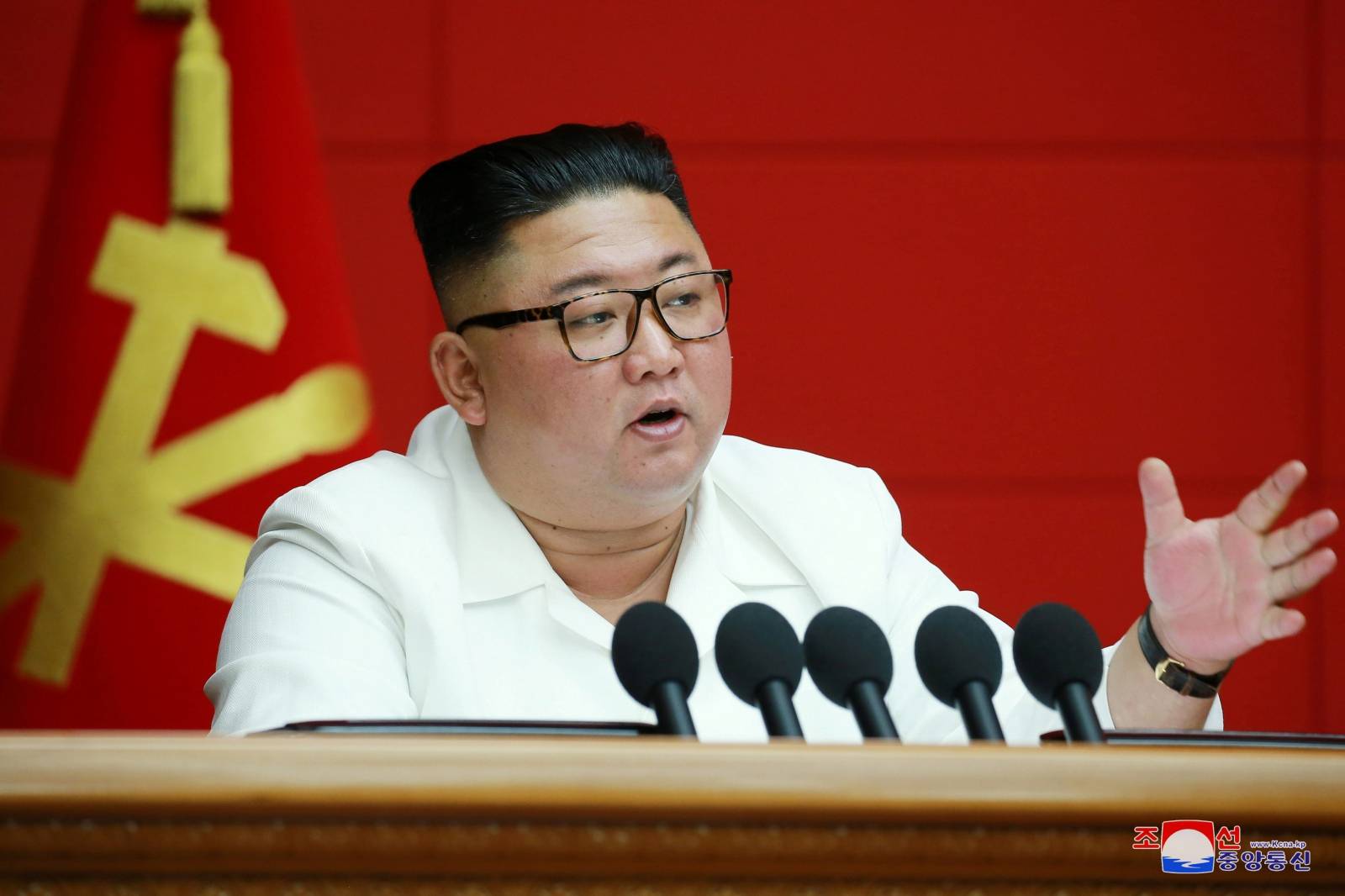 North Korean leader Kim Jong Un addresses a plenary meeting of the Central Committee of the Workers' Party of Korea in North Korea