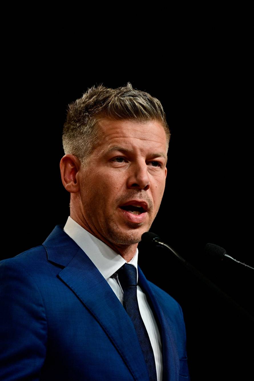 Peter Magyar holds a press conference a day after the parliamentary election in Budapest