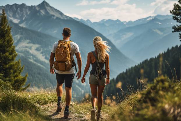 A Couple Young Hicking in the Mountains in Summer with Energetic Expression
