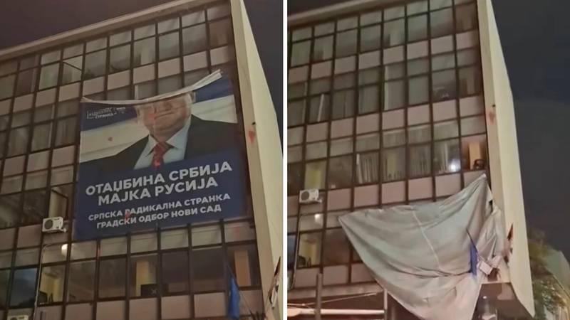 VIDEO: Građani u Novom Sadu uklonili Šešeljev plakat sa zgrade: Skinuli ga kao krpu