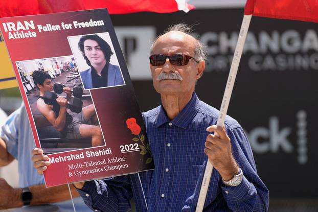 Protest ahead of Iran's first match during the FIFA World Cup 2026, near SoFi Stadium