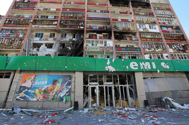 A view shows a heavily damaged apartment building in Sievierodonetsk