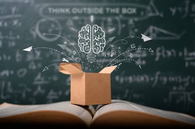 Think,Outside,The,Box,On,School,Green,Blackboard,.,Startup