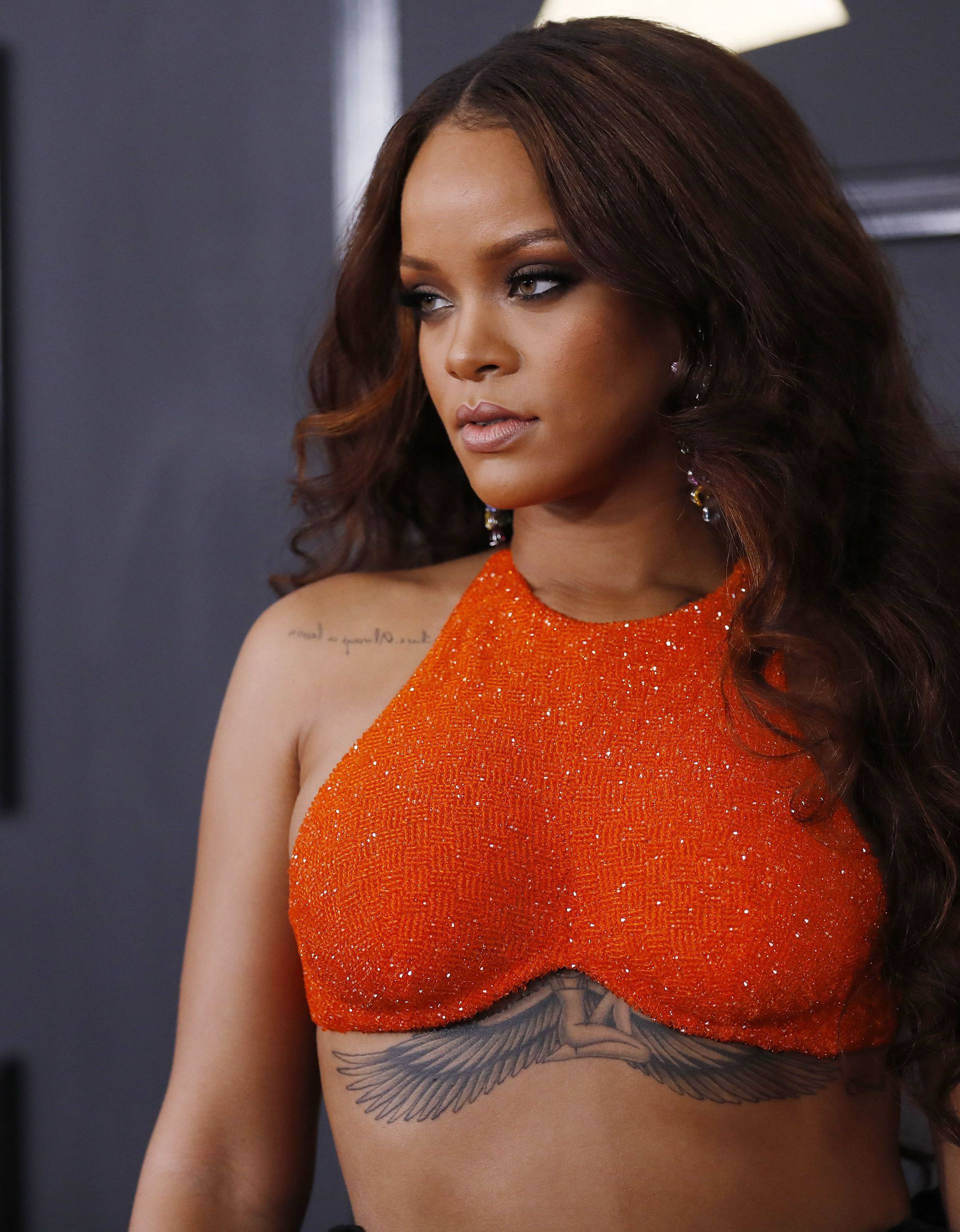 Rihanna arrives at the 59th Annual Grammy Awards in Los Angeles