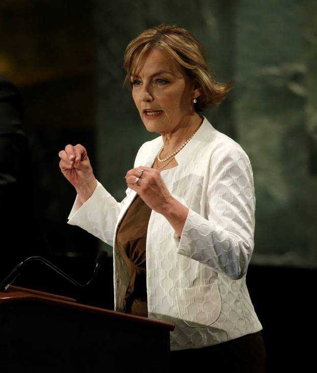 Former Croatian Foreign Minister Vesna Pusic speaks during a debate in the United Nations General Assembly between candidates vying to be the next U.N. Secretary General at U.N. headquarters in New York