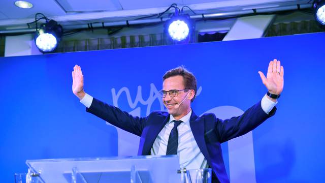 Ulf Kristersson, leader of Sweden's Moderate Party, speaks at an election party at the Scandic Continental hotel in central Stockholm