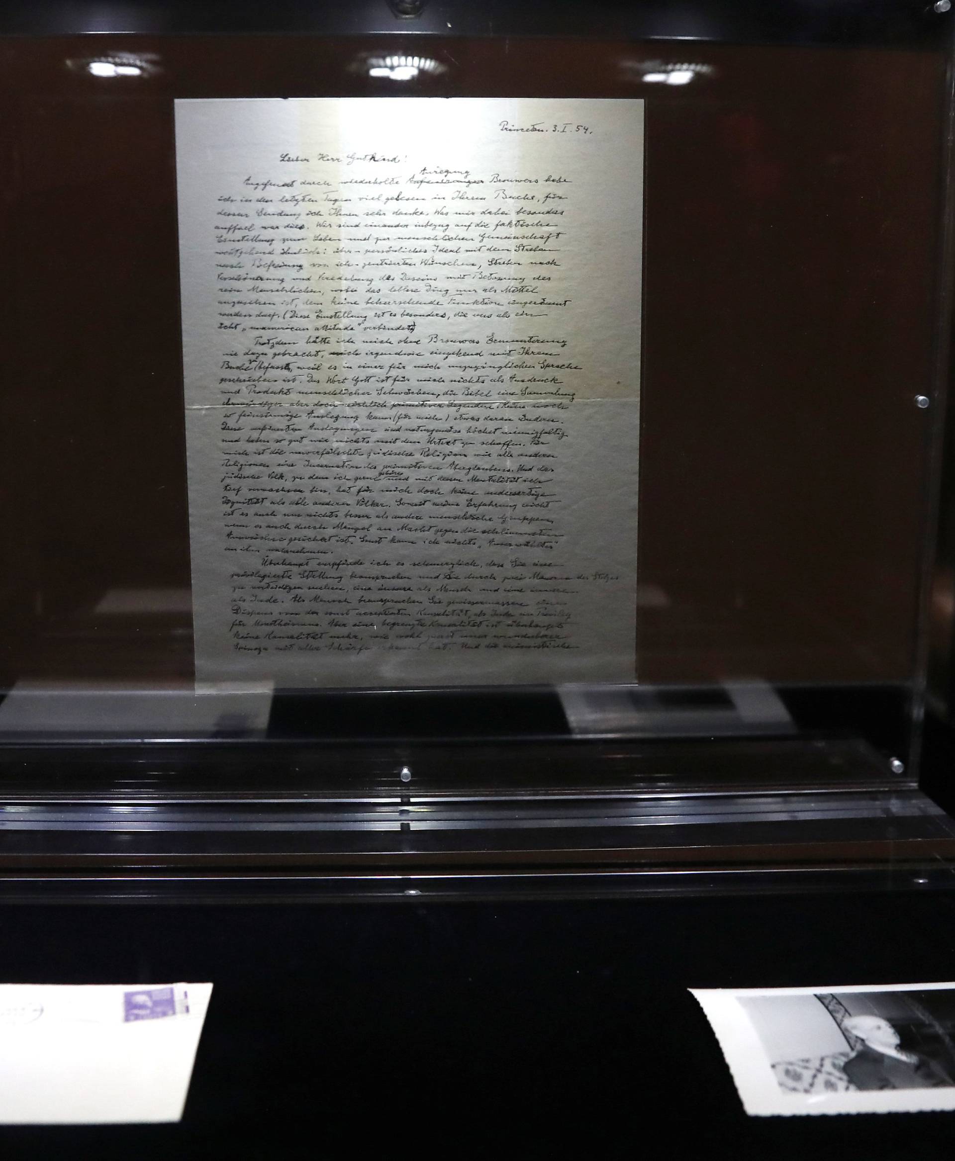 A letter known as "The God Letter"  written by Albert Einstein and addressed to philosopher Eric Gutkind from 1954 is seen on display at Christie's auction house ahead of it's sale in New York