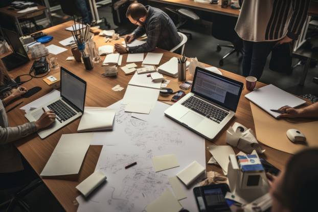 A worktable with the most important thing: a big white sheet of paper in the middle. Generative AI