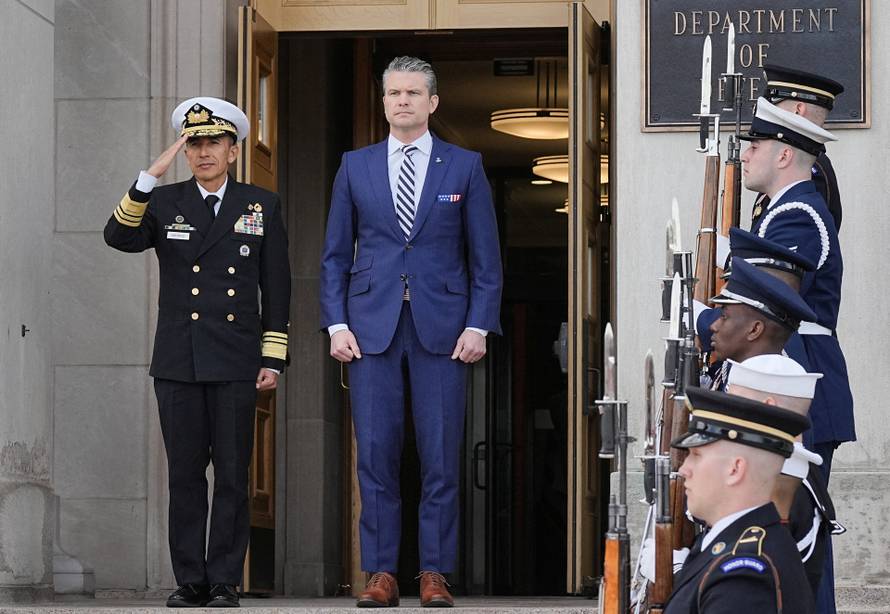 U.S. Defense Secretary Pete Hegseth welcomes El Salvador Defense Minister Rene Merino Monroy at the Pentagon in Washington