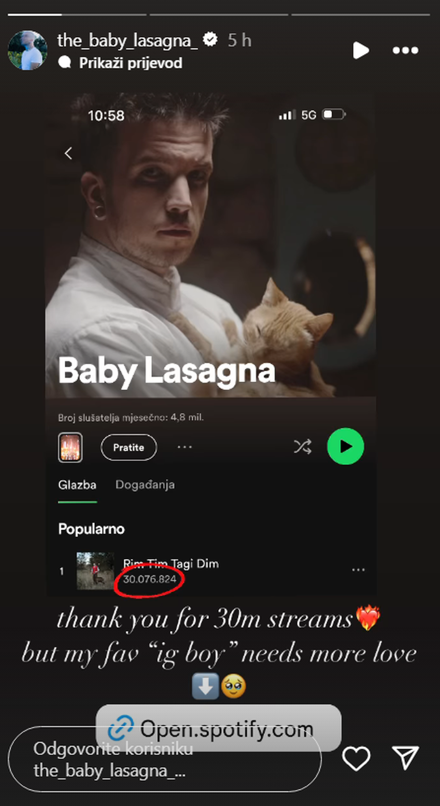 'Rim Tim Tagi Dim' ima 30 mil. slušanja, a Lasagna apelirao: 'Moj favorit treba više ljubavi'