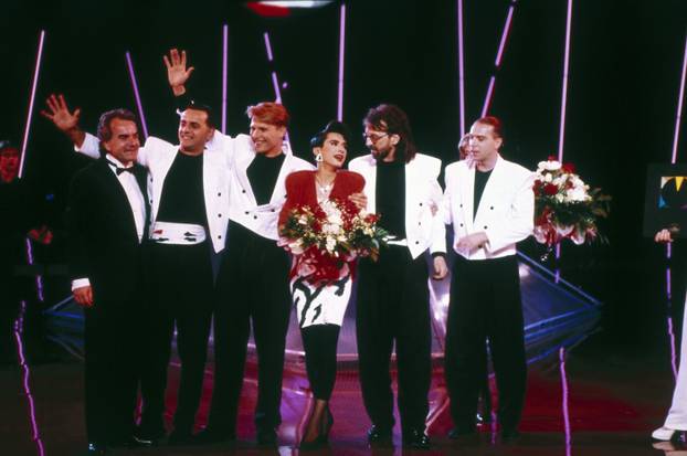 Riva, Croatian pop band, 1988 - 1992, group picture, as winners of the Eurovision Song Contest 1989, Palais de Beaulieu, Lausanne, 6.5.1989,