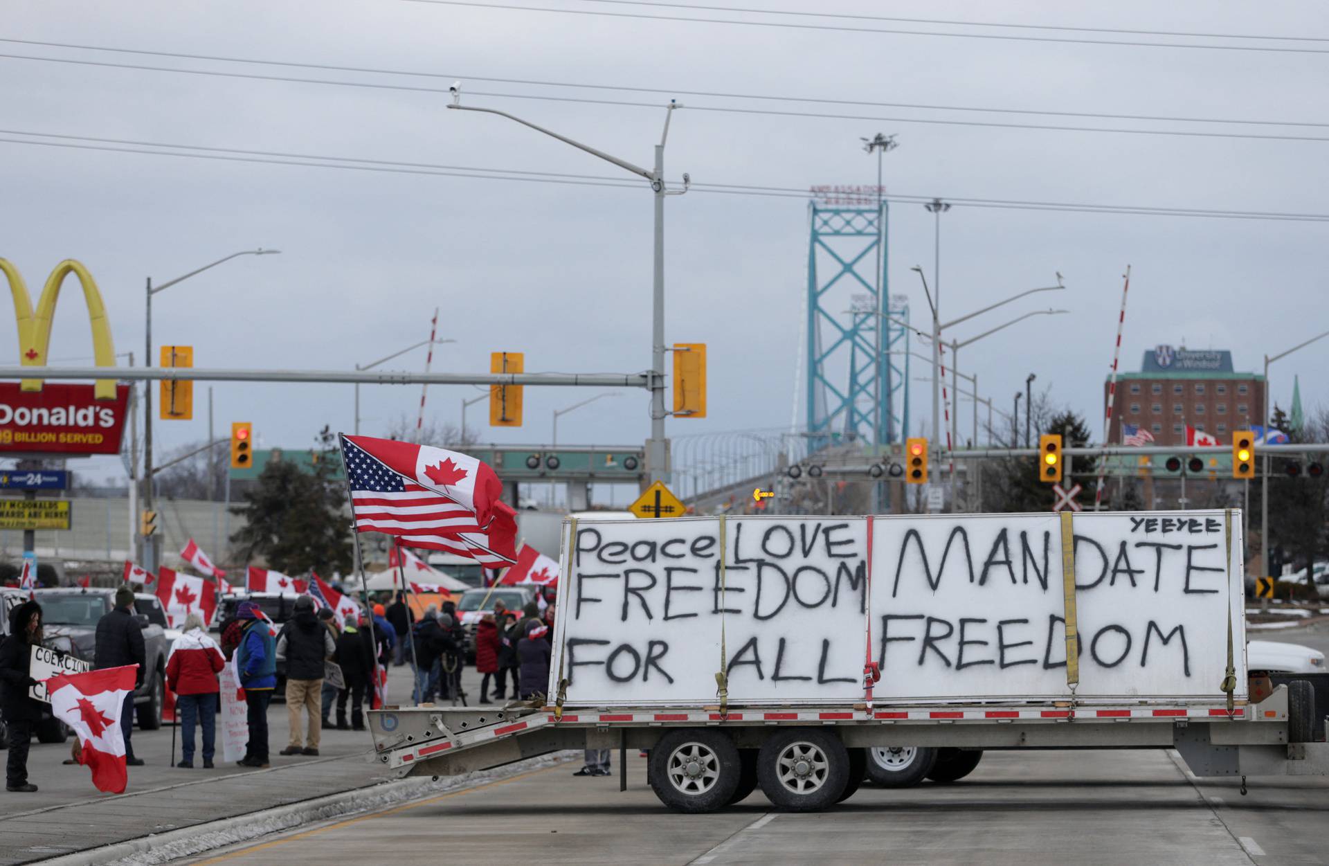 Truckers and supporters continue to protest against COVID-19 vaccine mandates, in Windsor