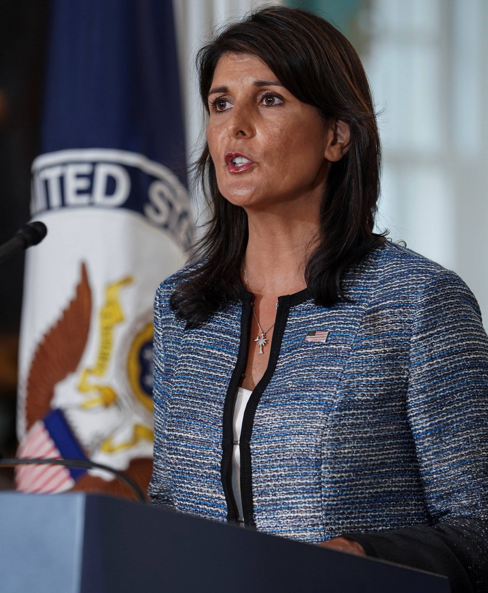 U.S. Ambassador to the United Nations Nikki Haley delivers remarks to the press together with U.S. Secretary of State Mike Pompeo, announcing the U.S.'s withdrawal from the U.N's Human Rights Council at the Department of State in Washington