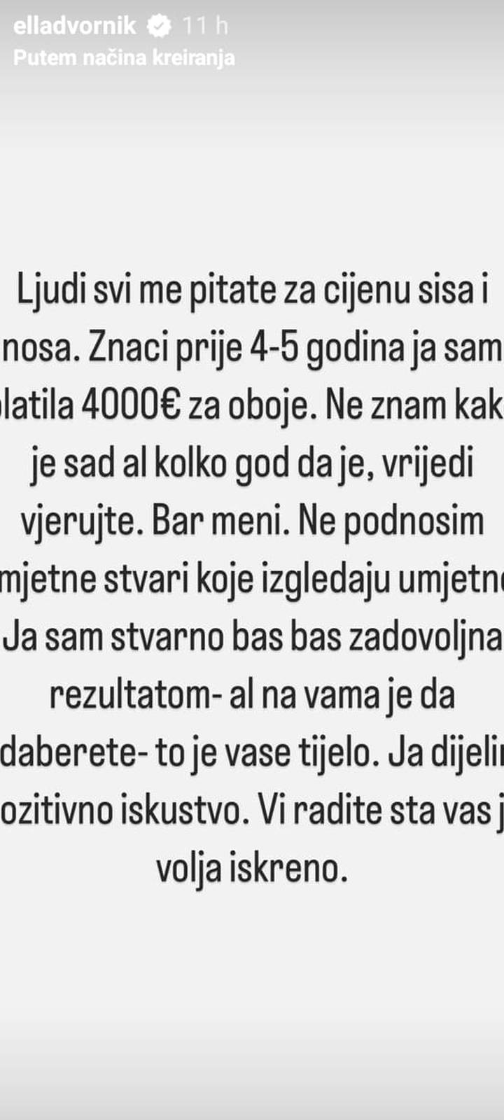 Elli Dvornik je obožavateljica pohvalila izgled grudi pa joj je otkrila i koliko ih je platila...