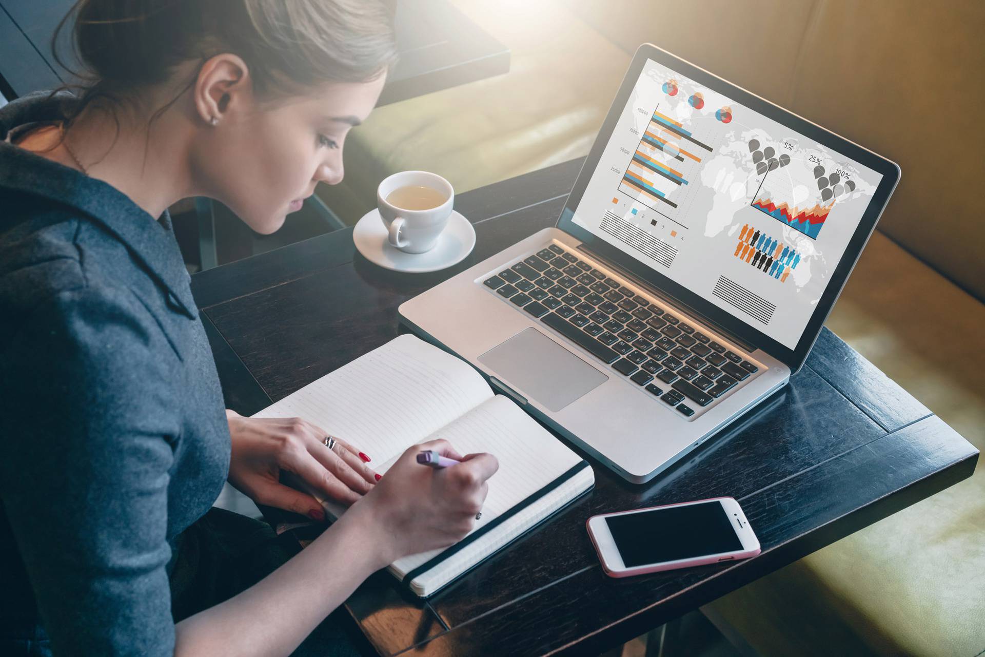 Side,View.,Young,Business,Woman,Sitting,At,Table,And,Taking