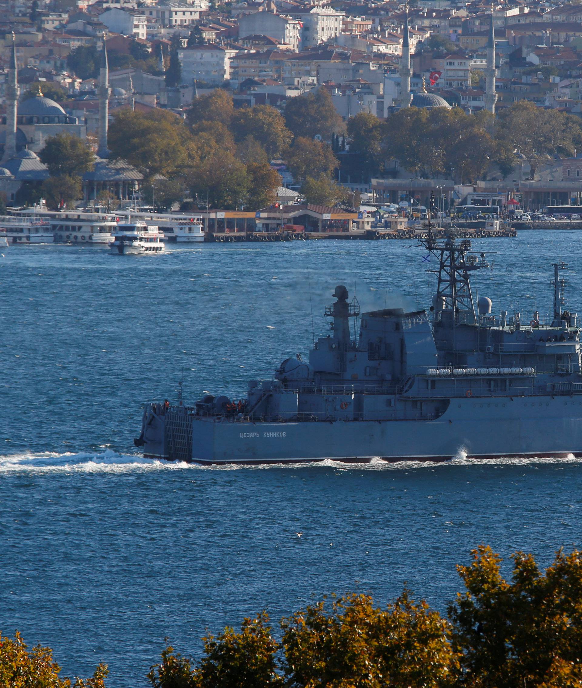 The Russian Navy's large landing ship Caesar Kunikov sails in the Bosphorus, on its way to the Mediterranean Sea, in Istanbul