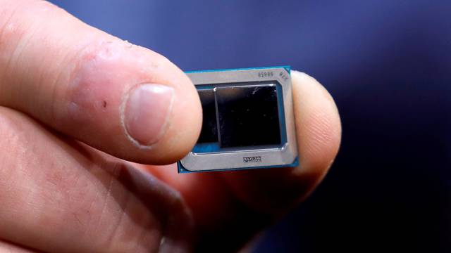 FILE PHOTO: An Intel Tiger Lake chip is displayed at an Intel news conference during the 2020 CES in Las Vegas