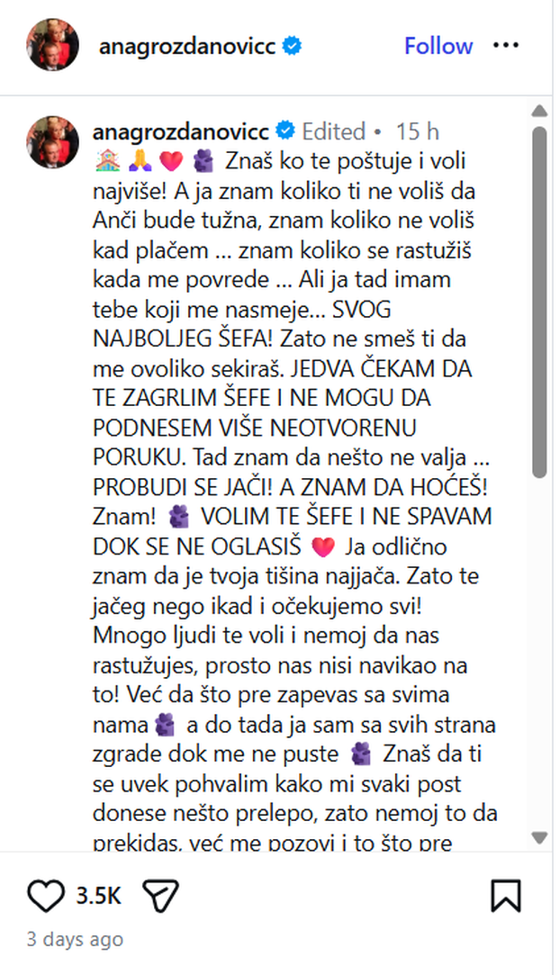 Dačićeva Anči je tužna: Šefe, ne spavam dok se ne oglasiš! Ajde probudi se. Ne  mogu više...