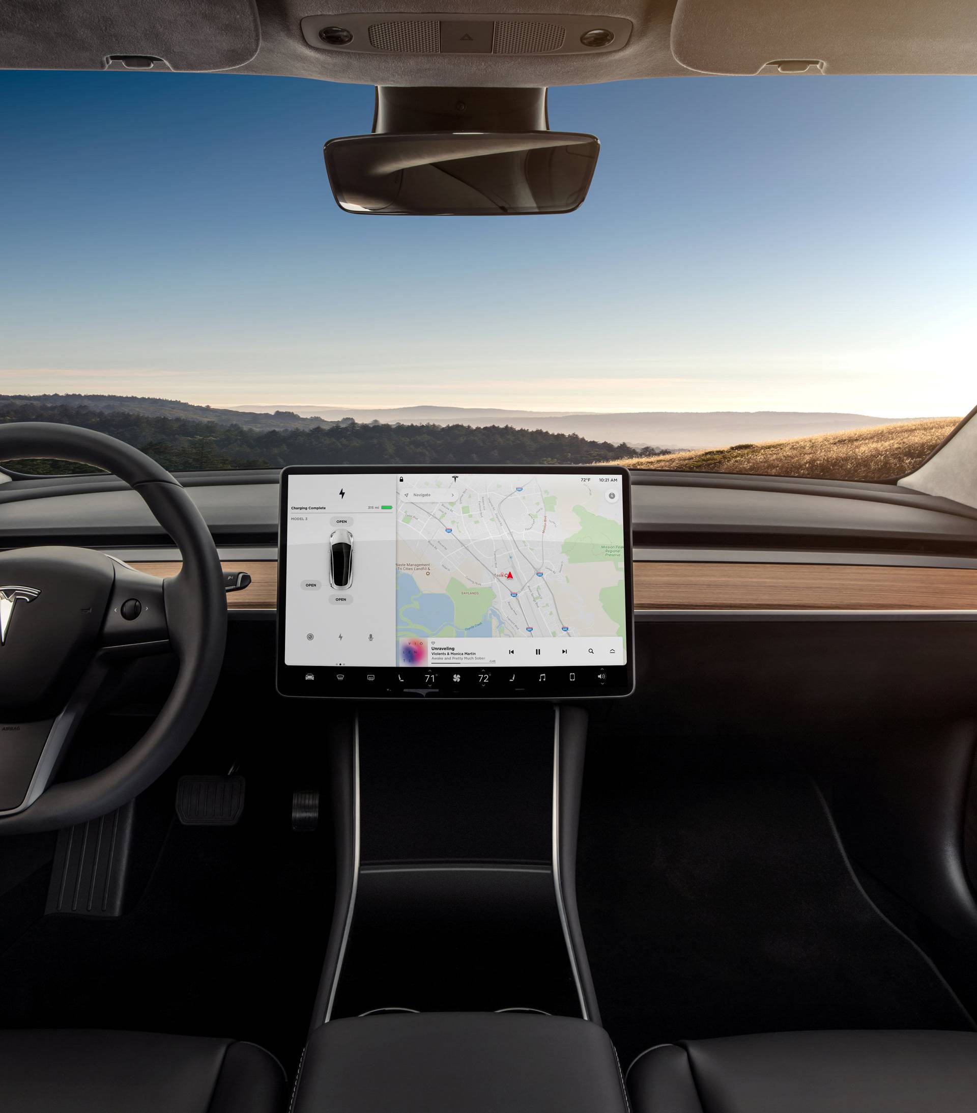 The interior of the Tesla Model 3 sedan is seen in this undated handout image as the car company handed over its first 30 Model 3 vehicles to employee buyers at the companyâs Fremont facility