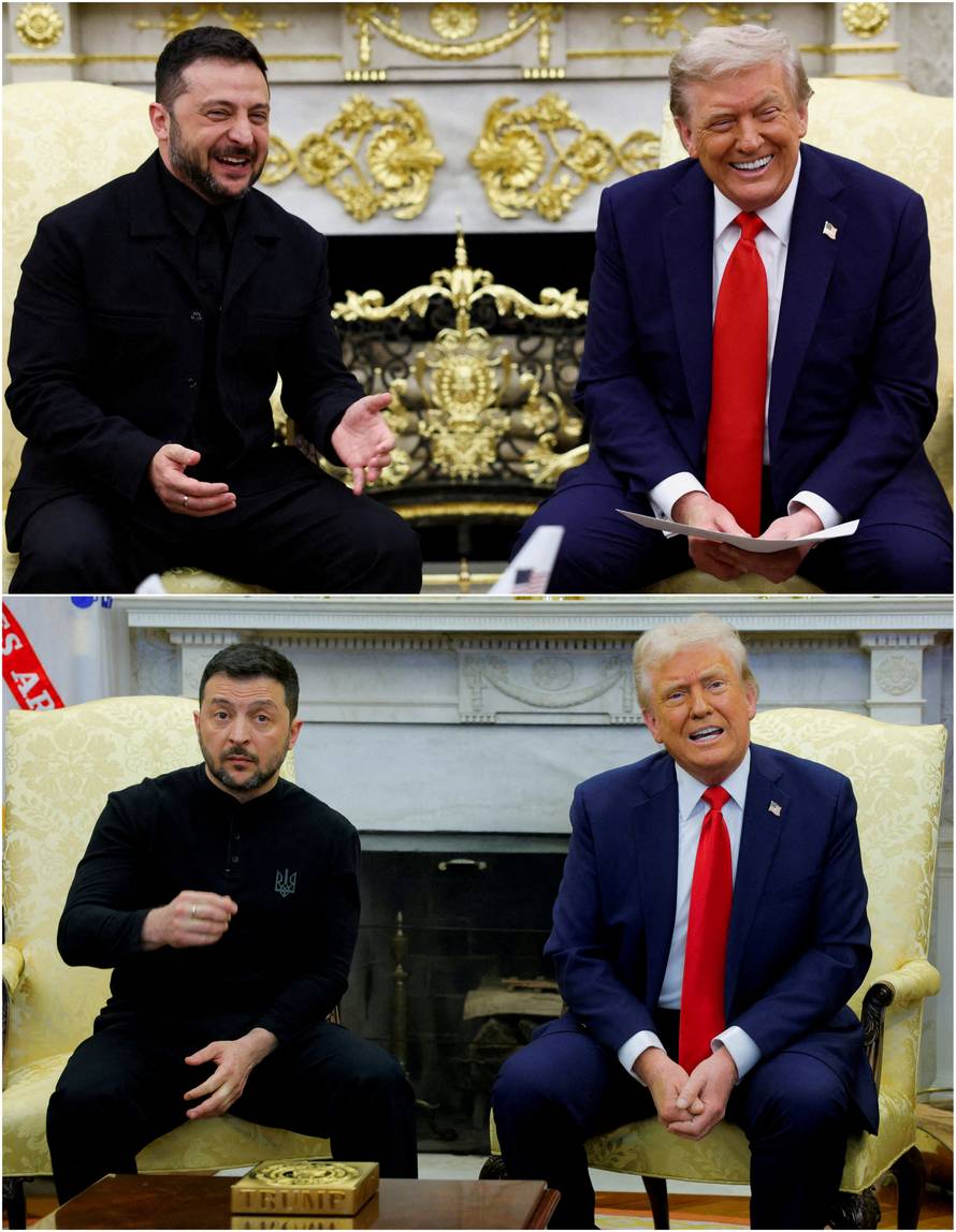 Combination picture shows meetings of U.S. President Donald Trump and Ukrainian President Volodymyr Zelenskiy at the White House in Washington