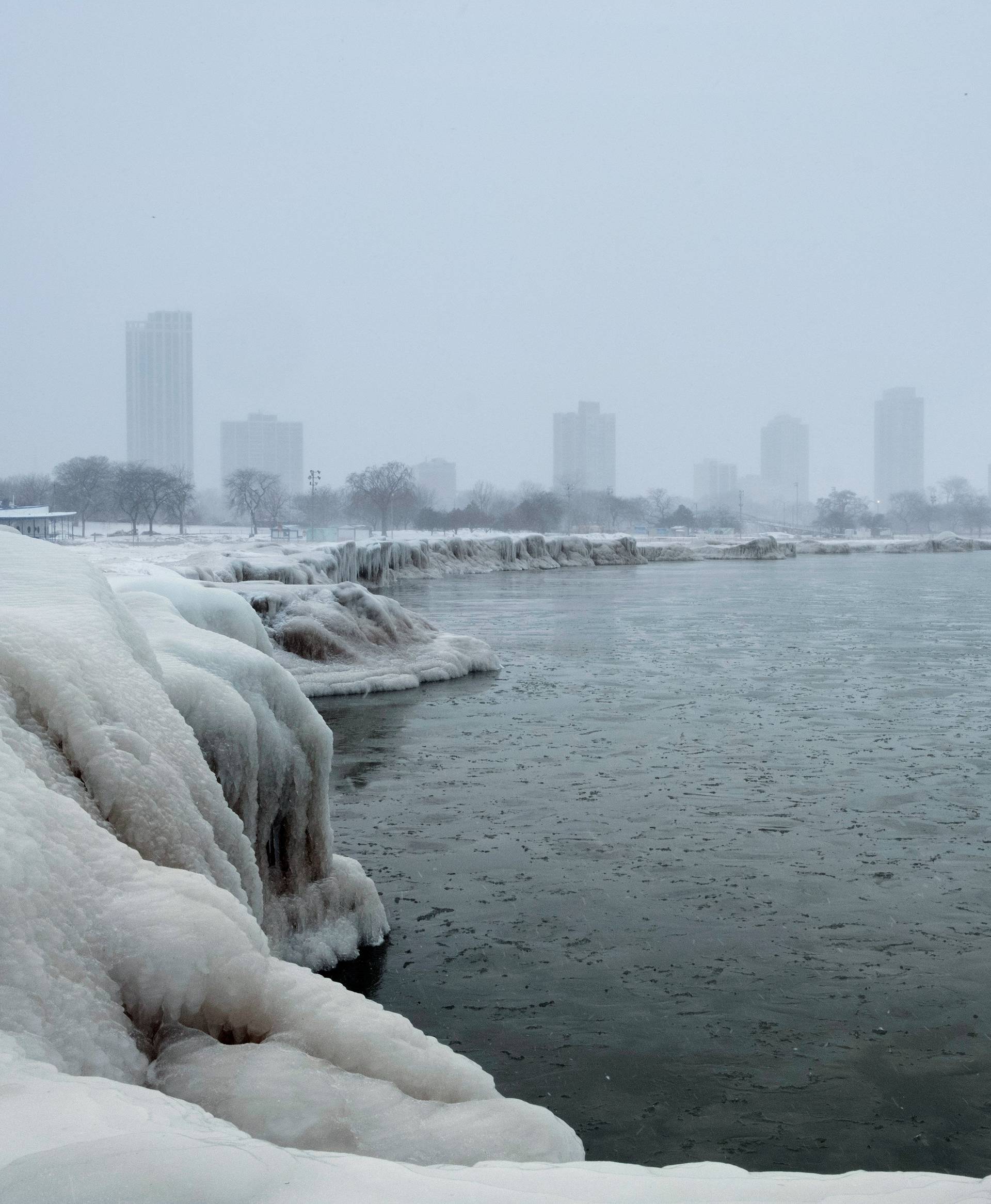 The city skyline is seen from the North Avenue Beach at Lake Michigan as bitter cold phenomenon called the polar vortex has descended on much of the central and eastern United States